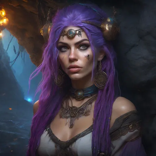 Prompt: Portrait of beautiful gypsy druid with cyberpunk style with purple hair and with cute face, big lips, blue eyes, in a magical Halloween cave , perfect composition, hyperrealistic, super detailed, 8k, high quality, trending art, trending on artstation, sharp focus, studio photo, intricate details, highly detailed, by boris vallejo