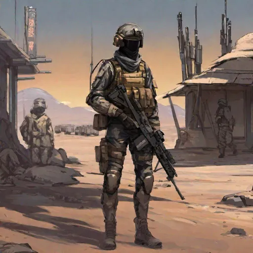 Prompt: Fading suns hawkhood male soldier He wears a full helmet. He helds a rifle. In background a military checkpoint. Scifi soldiers. Technofantasy. RPG art. Fading suns art. Scifi art. japanese soldier. 2d. 2d art.