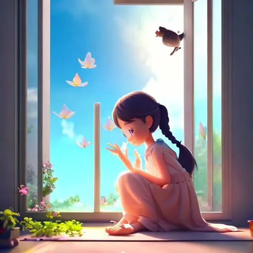 Prompt: a animated girl siting on a chair near window and cat playing near her foot outside window birds flying in the sky