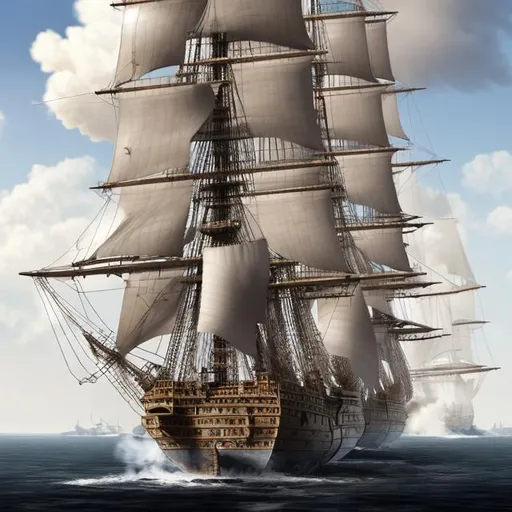 Prompt: hyper-realistic 2-masted battleship from the 18th century side view, numerous guns, volleys, smoke cloud, beautiful sails raised, 8K