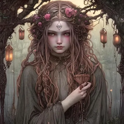 Prompt: Portrait Druid witch girl with rose gold pinkish hair and pretty detailed face in a dark and mysterious tree with Hanging lanterns by John Bauer and John William Waterhouse high contrast colorful storybook illustrations braids in hair