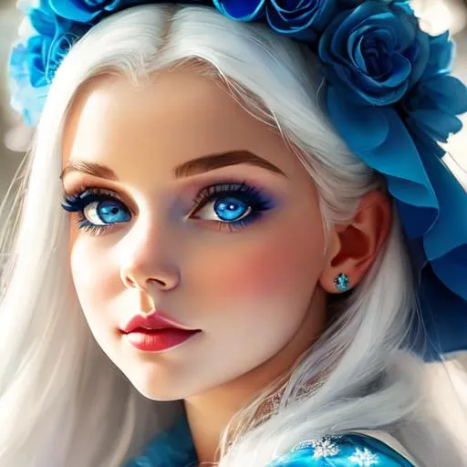 Prompt: baby  girl with snow white hair and frosy blue eyes wearing a blue dress, closeup