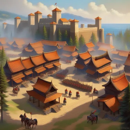 Prompt: Age of Empires II, Huns, isometric, gameplay, HUD, extremely detailed painting by Greg Rutkowski and by Henry Justice Ford and by Steve Henderson