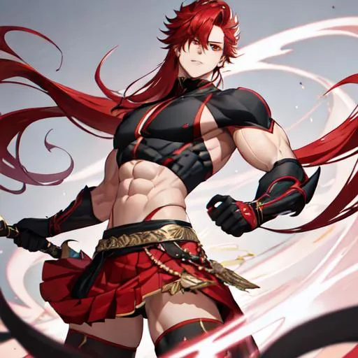 Prompt: Zerif 1male (Red side-swept hair covering his right eye) muscular, UHD, 8K, Highly detailed, insane detail, best quality, high quality. wearing a skirt, wearing thigh highs