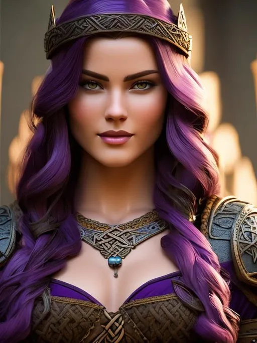 Prompt: highest quality stylized viking woman masterpiece, dark purple hair, award-winning 3d oil painting art, perfect anatomy in perfect composition, long shot, hyper-realistic photography, intricate, 64k, UHD, HDR, (intricate eyes), extraordinary lips, smile, gorgeous eyelashes, highly detailed face, hyper-realistic facial features, cinematic 3d volumetric, dramatic lighting with backlit backlight, by Julia Razumova
