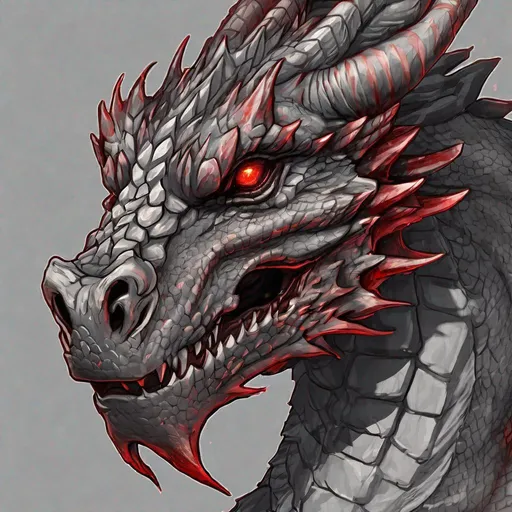 Prompt: Concept design of a dragon. Dragon head portrait. Coloring in the dragon is predominantly dark gray with subtle red streaks and details present.