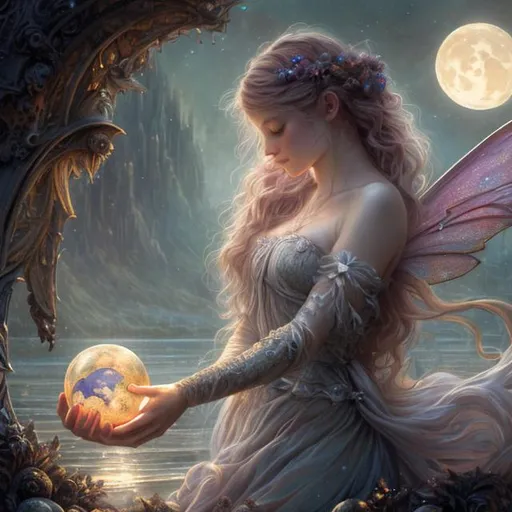 Prompt: Faerytales, fairy holding a globe of the moon in her hands on the beach at night, Intricate, Rococo, Scenic, Hyperdetailed, Delicate, colorful; Royo; rich muted colors; Regal; Mucha. Dante Rossetti, Cinematic, WLOP, 8K, concept, smooth sharp focus, rutkowski, detailed, beautiful, Artgerm, Giger, Planets, Space, 8K resolution