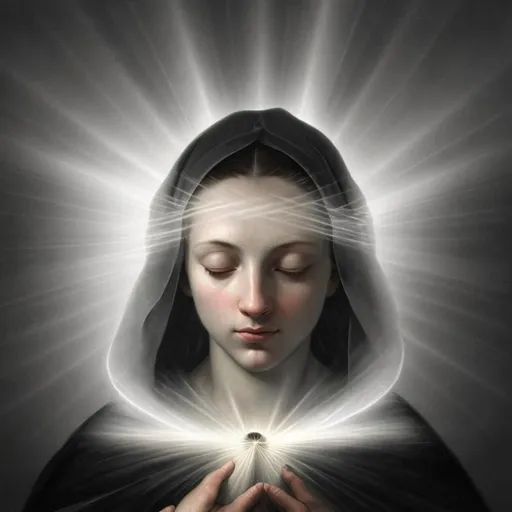 Prompt: painting portrait of a person with a bright light beam emanating rays of light and totally covering their head, matte painting, masterpiece, by Caravaggio, desaturated, calm, serene, holy background