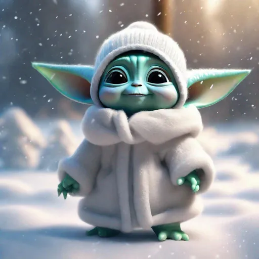 Prompt: snowing winter, super cute baby pixar style white fairy, smiled happy baby yoda, shiny snow-white fluffy, big bright eyes, wearing a woolly cyan hat, delicate and fine, high detailed, bright color, natural light, simple background, octane render, ultra wide angle, 8K