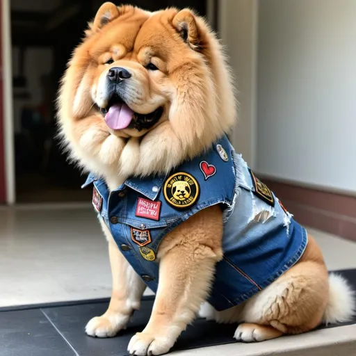 Prompt: Chow Chow wearing a heavy metal music denim vest with patches