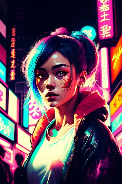 Prompt: ((best quality)), ((masterpiece)), ((realistic)), hd octane render,A girl wearing fancy street wear, tokyo, neon light, centered, intricate, highly detailed, breathtaking beauty, precise lineart, vibrant, comprehensive cinematic , Conrad Roset,,Carne Griffiths,  8k, oil painting, cinematic lighting, best quality, highres, dynamic pose