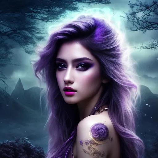 Prompt: HD 4k 3D 8k professional modeling photo hyper realistic beautiful woman ethereal greek goddess of chaos and the void
purple hair yellow eyes gorgeous face brown skin black shimmering dress jewelry  tattoo surrounded by magical glowing starlight hd landscape background of enchanting mystical black night