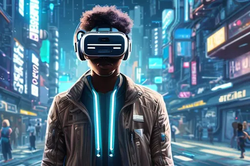Prompt: Full body man light brown skin in futuristic city wearing futuristic vr headset