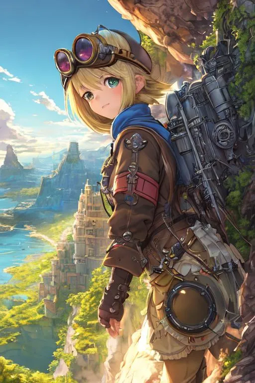 Prompt: Made In Abyss,

masterpiece intricate hyperdetailed best quality flat color pencil sketch 2D 1 anime girl joyful, blonde fluffy short hair, goggles helmet, hyperdetailed blue and green steampunk fantasy leather and cotton clothes, hyperdetailed face,

scenic view landscape 2D flat color medieval city on the gigantic abyss hole vector background, action shot, extreme long shot wide view, full frame wide angle,

sunshine, blue sky, cinematic lighting,

precise hard pencil strokes, thick and hard pencil outline,

hyperdetailed 2D vector concept art picture, vector, illustration, character concept,

2D fantasy concept art style, inspired by final fantasy art, adventure, inspiring, colorful, heroic fantasy art,