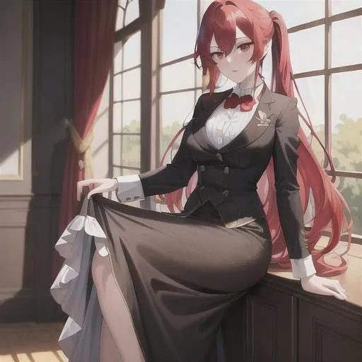 Prompt: (masterpiece, illustration, best quality:1.2), girl, full body, solo, pale skin, toned body, stray hairs, calm demeanor, vibrant red eyes, vibrant red hair, bright Long red hair, red hair, long pony tail, long side fringe, beautiful white hair tips, beautifully attractive  tuxedo , finely detailed,  detailed face, toned face, beautiful detailed eyes, beautifully detailed very generous attractive body, beautiful tonified and strong abdomen, visible beautifully detailed deep cleavage, beautiful detailed chest, beautiful detailed legs, beautiful detailed feets, beautiful detailed those, beautiful detailed nails, detailed black high heels, attractive look, attractive pose, beautiful red lipstick, beautiful detailed shading, beautifully detailed background, modern background, sharp focus, absurdres, highres, cinematic lighting, street photography, macro detailed shading, smooth soft detailed skin, {{hyper detailed}}, photo realistic, {{{masterpiece}}}, glowing light, detailed background, hair between eyes, dynamic angle, library, 4K, HDR, perfect eyes