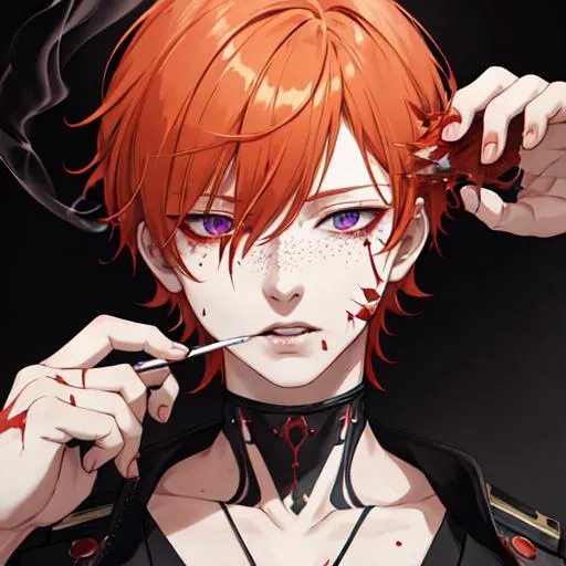 Prompt: Erikku male adult (short ginger hair, freckles, right eye blue left eye purple)  UHD, 8K, insane detail anime style, covered in blood, psychotic, covering his face with his hands, face covered in blood and cuts, blood highly detailed, smoking a cigarette