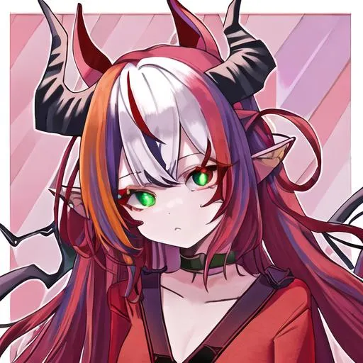 Prompt: Haley  (multi-color hair) (multi color eyes) (she has demon horns) (she has horse ears) (demon horns sit on the side of her horse ears) (red markings all over her body) wearing pajamas 