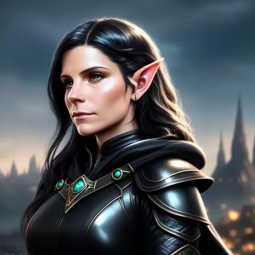 Prompt: portrait of a fantasy halfling girl, elf, black cloak, long black hair, Model: Katee Sackhoff, a feminine hero in tight leather armor in a dark fantasy theme, fantasy world skyline, photo realistic, hyperrealism, artstation, HD, 4K, dynamic lighting, hyperdetailed very hard colorful pencil strokes lineart, hyperdetailed dynamic action light effect in the air, colorful glowing glamour sunshine, windy, studio lighting, cinematic light, hyperdetailed light reflection, intricate iridescent glowing glamour colorful light reflection, hyper detailed strong shading, glamorous sky, impressionist painting, key visual, precise lineart, cinematic, masterfully crafted, 8k resolution, beautiful, stunning, ultra detailed, expressive, hypermaximalist, colorful, rich deep color, brush strokes, pencil strokes, UHD, HDR, UHD render, high quality 3D anime art, 3D render cinema 4D, digital painting, perfect composition, 16k upscaled image, illustration, key visual, precise lineart, cinematic, masterfully crafted, 8k resolution, beautiful, stunning, ultra detailed, expressive, hypermaximalist, colorful, rich deep color, brush strokes, pencil strokes, UHD, HDR, UHD render, high quality 3D anime art, 3D render cinema 4D, digital painting, perfect composition, 16k upscaled image, illustration, impressionist painting, hyper detailed full body leather clothes, ultra realistic hyperdetailed soft watercolor clothes wrinkle shading, stray hairs, intricate hyperdetailed energetic blue eyes, intricate hyperdetailed beautiful gloss lips, intricate hyperdetailed face, complex, hyperdetailed quality 3D anime, female cleavage