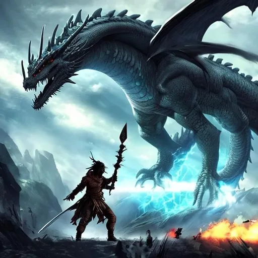 Prompt: battle at the end of the world with a big dragon using sword as leader

