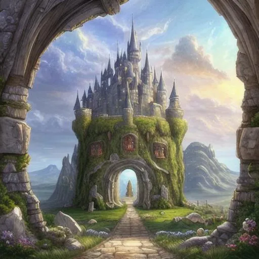 Prompt: Please create a painting of a castle in the middle of a mountain, world seen only through a portal, detailed dreamscape, portal to another world, detailed fantasy digital art, impressive fantasy landscape, fantasy highly detailed, wide angle fantasy art, highly detailed fantasy art, gateway to another universe, painting of a dreamscape, dream portal, magic portal in the sky