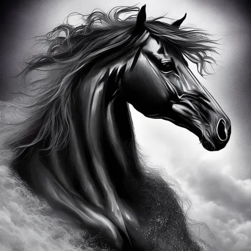 Prompt: Graceful Strength - Witness the mesmerizing beauty of a majestic ((black horse head)) skies. his big hairs is hanging. Mood: Regal and serene.