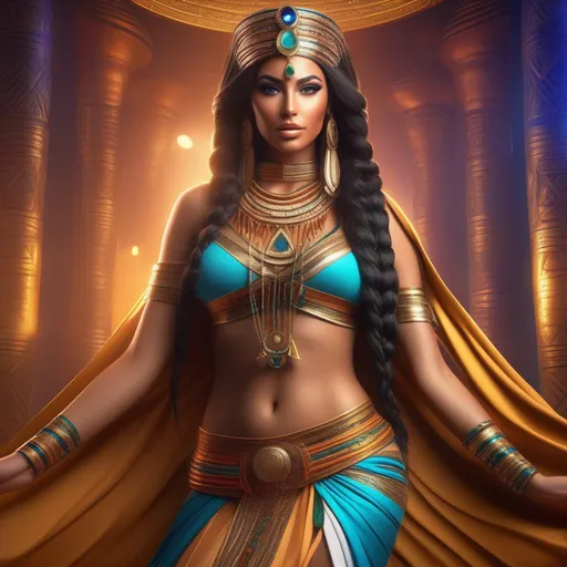 Prompt: Gorgeous, stunning, beautiful, otherworldly Egyptian goddess with long braided hair wearing a body chain and belly dancer costume, full body, centered, fantasy setting, cinematic, colorful background, concept art, dramatic lighting, highly detailed, hyper realistic, intricate sharp details, octane render, smooth, studio lighting, trending on art station, 8k, HDR, unreal engine, emotive, cgi, animated 