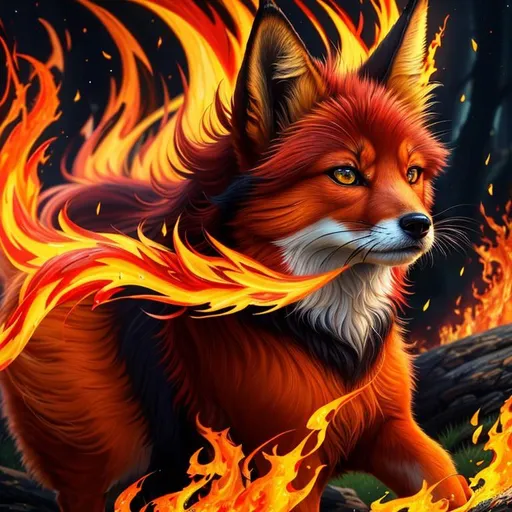 Prompt: remove leg, (8k, 3D, UHD, highly detailed, hyper detailed, masterpiece, detailed oil painting) portrait of fire elemental ((fox)), (canine quadruped), adolescent, silky crimson-red fur, {yellow-green eyes}, 8k eyes, youthful, lively, lithe, bounding, black fur highlights, sharp focus, long silky hair on crest, slender, umber red mane, beautiful charming mischievous grin, wispy brown ears, wispy ruby-red mane flowers on fur, snow-capped trees, (rows of pink blossoming sakura trees), snow on fur, forest, silky bushy tail, billowing mane, professional, unreal engine, dynamic, intricate detail, intricately detailed fur, highly detailed face, best quality, highly detailed mouth