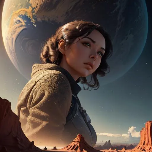 Prompt: Create a high-resolution head and shoulders painting of a planet-sized, gorgeous giantess bursting out of the Earth's crust. The scene should be intense and dramatic with cinematic lighting that highlights her stunning features. The artwork should be inspired by the styles of Norman Rockwell, Craig Mullins, and Ross Tran, and should be in 4K resolution. The focus should be on the giantess's face and upper body as she emerges from the planet, and the overall effect should be awe-inspiring and powerful.