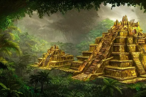 Prompt: an environmental concept art of a fantasy Amazon rainforest with Aztec temples made of gold