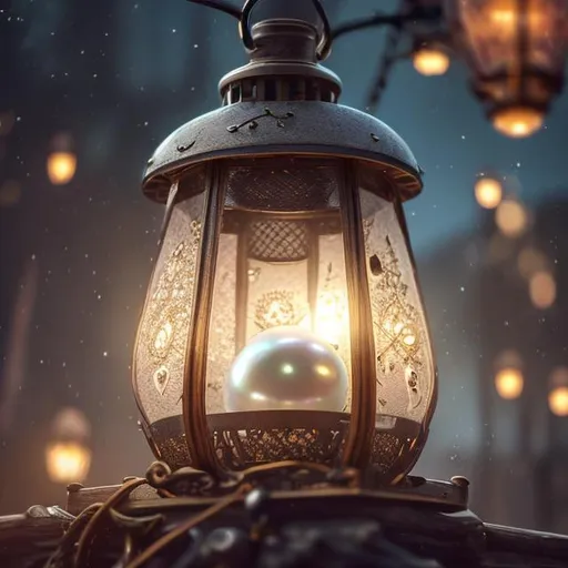 Prompt:  A Glowing White Pearl radiates a brilliant light from within a Glass Lantern, illuminating the night sky with its warm, golden hue, Vibrant, cinematic, HDR, UHD, 64K, Professional, Highly detailed, Hyper realistic,  steampunk, Unsplashed contest winner, CryEngine