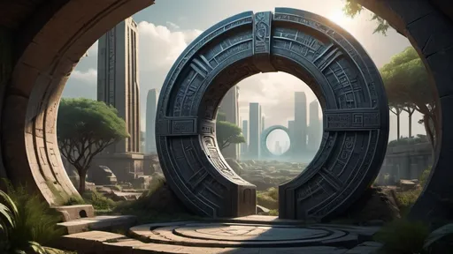 Prompt: magical portal between cities realms worlds kingdoms, circular portal, ring standing on edge, upright ring, freestanding ring, hieroglyphs on ring, complete ring, ancient babylonian architecture, gardens, ruins, turned sideways view, futuristic cyberpunk tech-noir setting