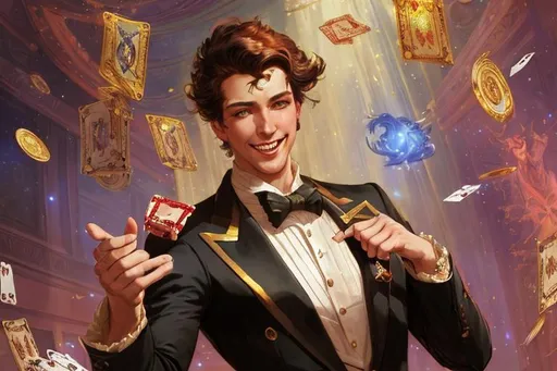 Prompt: a very cheerful handsome gambler with a smirk , particles , shiny , overly detailed , harem , prada , amazing colors , art by gaston bussiere, j. c. leyendecker, greg rutkowski, craig mullins, 8k