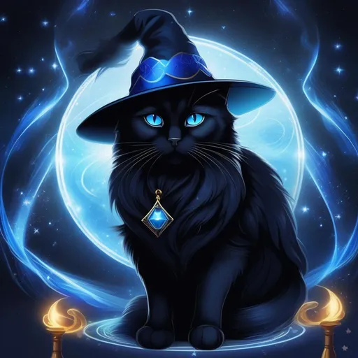 Prompt: A black cat in a wizards hat and robes. Surrounded by blue magic.
