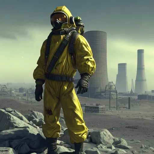 Prompt: Guy in a hazmat suit, Nuclear wasteland, collecting nuclear rocks, bad air quality, damaged towers
