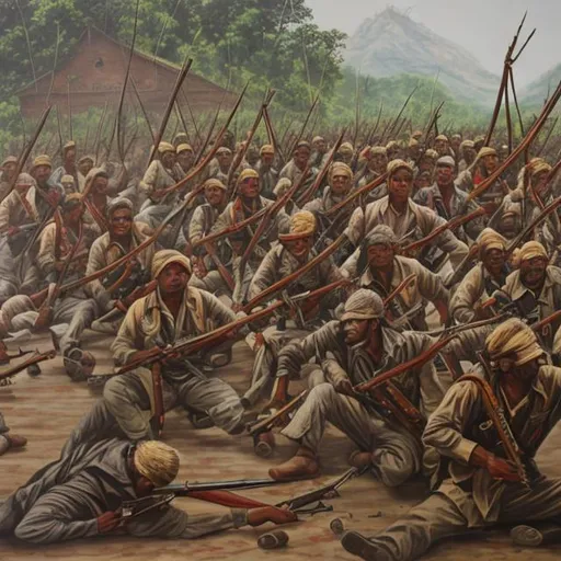 Prompt: Revolting Farmers, Daily wage workers, freed bonded labourers along with cadres People's Liberation Guerrilla Army headed by Maoist Communist Party of India with bows, arrows, confiscated guns and other indigenous weapon capturing new bourgeois Indian Parliament. Realistic Drawing in oil painting.