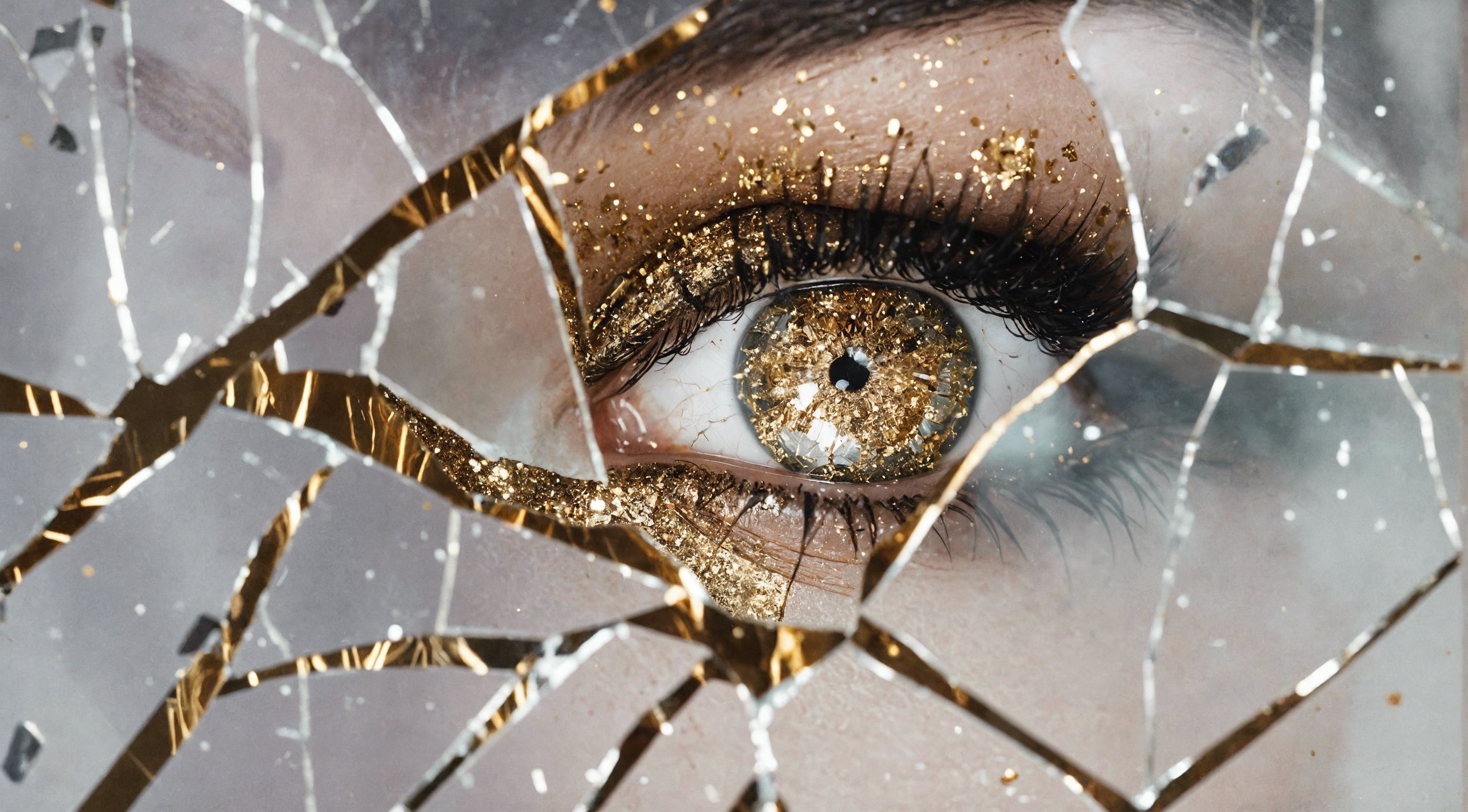 Prompt: a woman's eye is seen through a broken glass window with gold glitters on it and a crack in the glass, Dirk Crabeth, auto-destructive art, fashion photography, a photorealistic painting