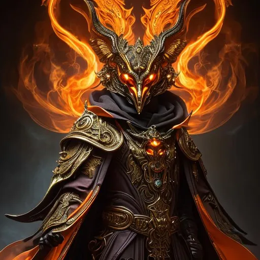 Prompt: high-quality high-detail highly-detailed breathtaking Villen ((by Aleksi Briclot and Stanley Artgerm Lau)) - ((a warlock)), hooded orange detailed fox oni warlock rich golden ornate robes casting smoke in hands, flying, smoke in feets, glowing, highly detailed vintage brass jester mask, add some orange smoke in his hands, glowing chest emblem , smooth detailed shoulder plates, detailed ivory, full body, fantasy robes,, wearing mime mask, 8k,  full form, detailed library setting, full form, epic, 8k HD, ice, sharp focus, ultra realistic clarity. Hyper realistic, realistic, close to perfection, high quality cell shaded illustration, ((full body)), dynamic pose, perfect anatomy, centered, freedom, soul, approach to perfection, cell shading, 8k , cinematic dramatic atmosphere, watercolor painting, global illumination, detailed and intricate environment, artstation, concept art, fluid and sharp focus, volumetric lighting, cinematic lighting.