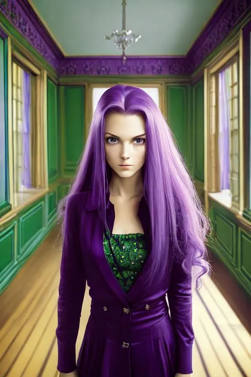 Prompt: longshot view of woman standing in a room, highly detailed, sweet face, green eyes, flying long purple hair, highly detailed, 
by  anton corbijn