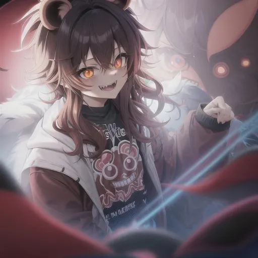 Prompt: insane anime boy with brown, fluffy, wavy hair wearing a cute and cuddly bear style cozy hoodie with bear ears on top, psycho smile and psycho eyes, dull vibrant trippy background, demon behind, zoomed out, fangs, aesthetic mask, scars, no horns, 