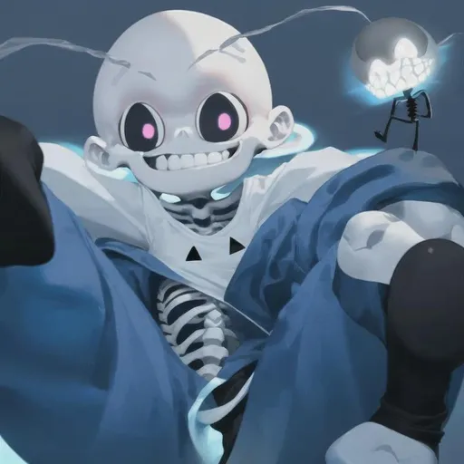 Prompt: Cartoony funny small skeleton wearing a white t-shirt, blue jacket, black shorts with 2 stripes in white and pink slippers, always smiling, smug, black triangle nose, bald, black eyes, white pupils