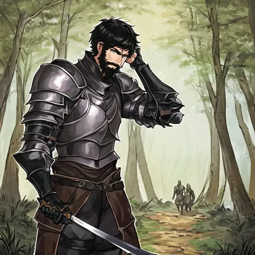 Prompt: male human knight, short Black Hair, armer, in the Woods, D&D, short beard, sord