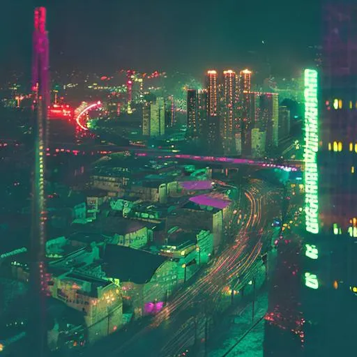 Prompt: A science fiction cityscape at night with neon lights
