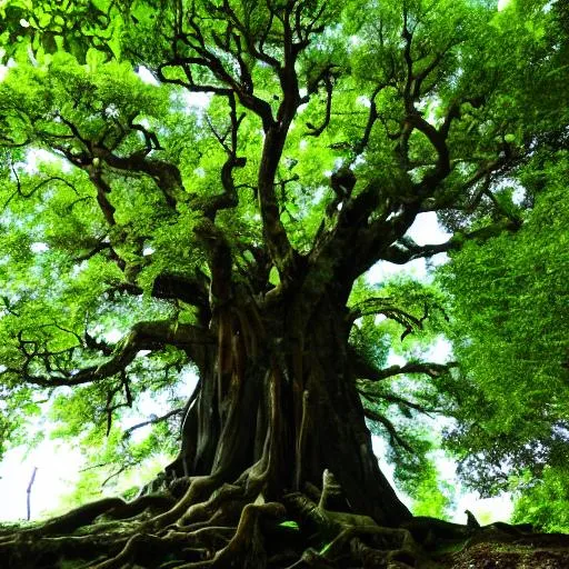 Prompt: A big thousand year old tree tall and mighty, with a crown of lush jade green leaves, and a dark oak stump.