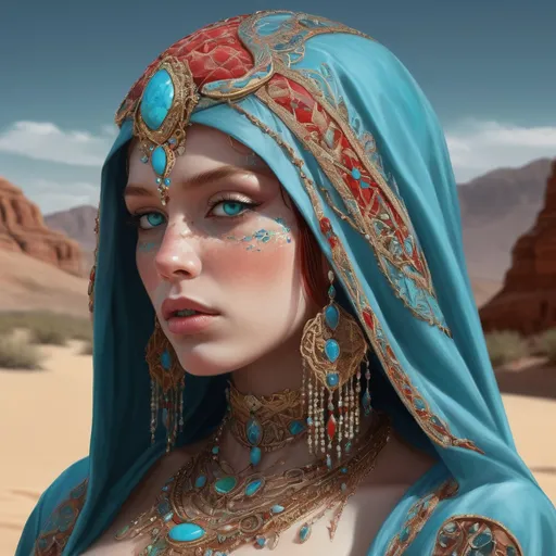 Prompt: An offset side view of a A highly detailed digital painting of a mysterious desert princess wearing ornate traditional desert robes and a jeweled veil. She has piercing turquoise eyes, red hair partially visible beneath an embroidered hood. Her face is mostly concealed by a flowing veil. Decorative jewelry, metal chains, and gemstones hang from her headdress, which is adorned with small dragon-like horns emerging from her head. The clothing is layered with intricate embroidery and beadwork. The background is a vast, sandy desert under a hazy sky. Stylized linework with subtle painterly textures, warm desert tones, fantasy-Middle Eastern fusion design, slightly cel-shaded with illustrative rendering. Mood is regal and enigmatic."

