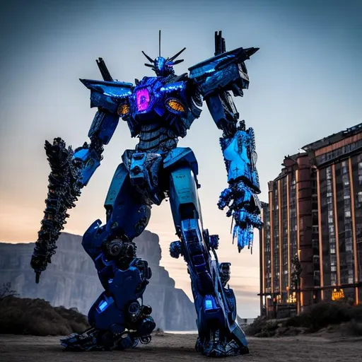 Prompt: 
Make a HDR picture of pacific rim mech, it’s blue and purple, laser, arm canyon, sword on back, 150ft tall, lots of weapons 