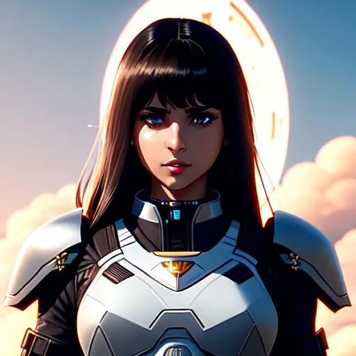 Prompt: Zoomed out Illustration by Ilya Kuvshinov, tree city, Naomi Scott,  parted bangs, long dark brown hair, brown eyes, ethereal, jewelry set balayage in white mech armor verses  End boss in black armor, atmospheric, hyper realistic, 8k, epic composition, cinematic, octane render, 16K resolution, rendered in Enscape, Miyazaki, Nausicaa Ghibli, Breath of The Wild, 4k detailed post processing, artstation, focus, no blur