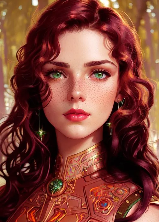 Prompt: Cute girl with freckles in light leather armor, clear green eyes, red lips, blushed cheeks, glowed curls, (((earrings))). Extremely intricate, detailed face, (((rogue))), poison, by Ilya Kuvshinov and Alphonse Mucha, dreamy, pastel colors, honey, ((magic forest background)), high detail