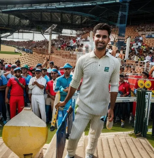 Prompt: A cricket player enters in full crowd stadium. Real image