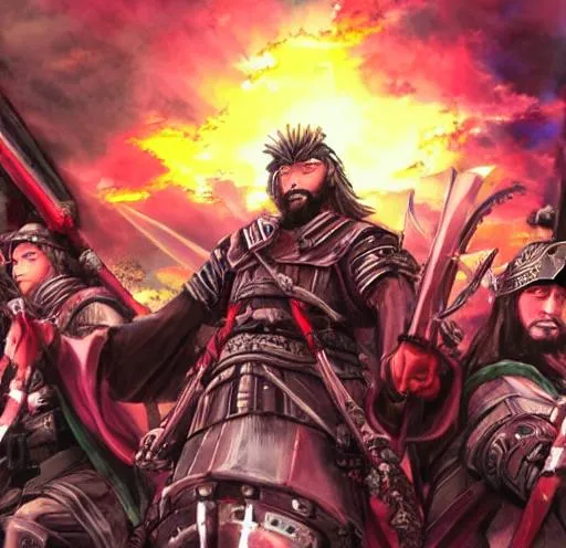 Prompt: Anime war scene graphic High detail Samurai warrior crusaders with Jesus Christ as depicted in the book of  revaltion coming out of heaven gathering his chosen to ride against the enemy Satan and his fallen cyberpunk ninjas