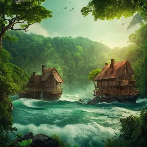 Prompt: a lush green forest with beautiful trees, nice daylight, nice weather, 3 small dark wood house cabins 1600s style next to ocean light bluse sky ocean bay with 1600s style pirate ship. Trending on artstation, 4k digital art